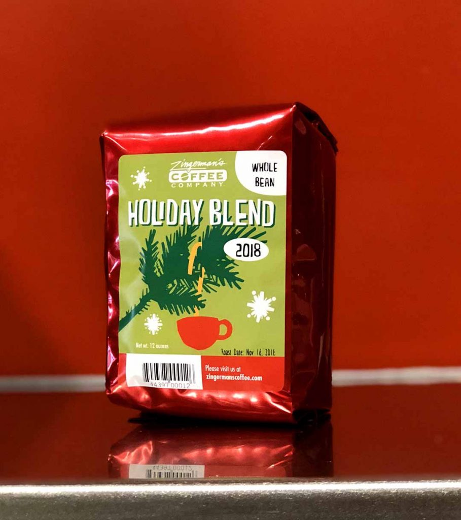 a festive bag of holiday blend coffee