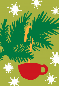 Illustration of red coffee mug ornament hanging from a Christmas tree branch